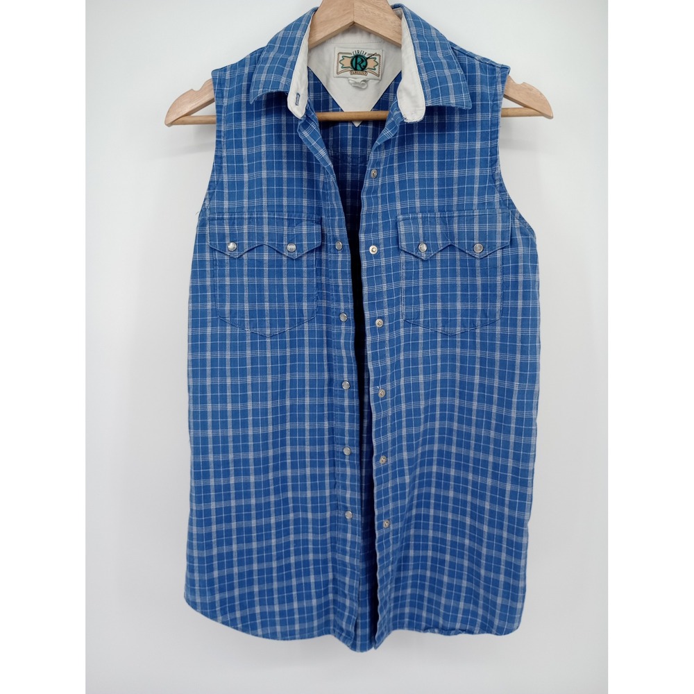 Circle R Classics Sleeveless Shirt Women S Blue Plaid Western Pearl Snap Vintage